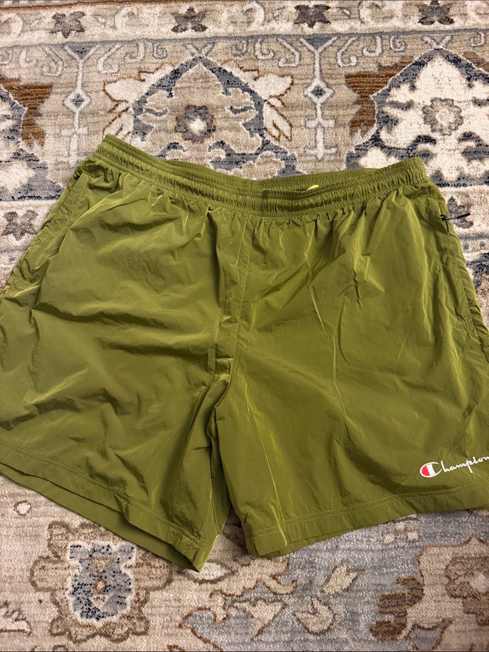 Champion Olive Green Men’s Athletic Nylon Shorts with Logo - XXL